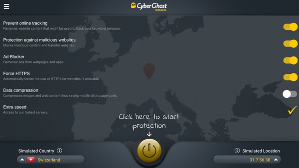 L'interface de CyberGhost sur ordinateur.