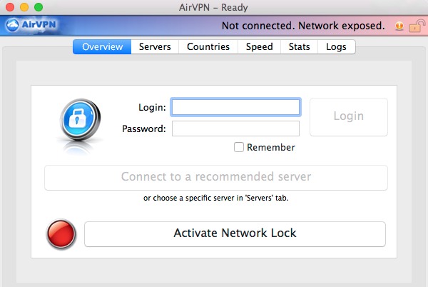 L'accueil de l'application AirVPN